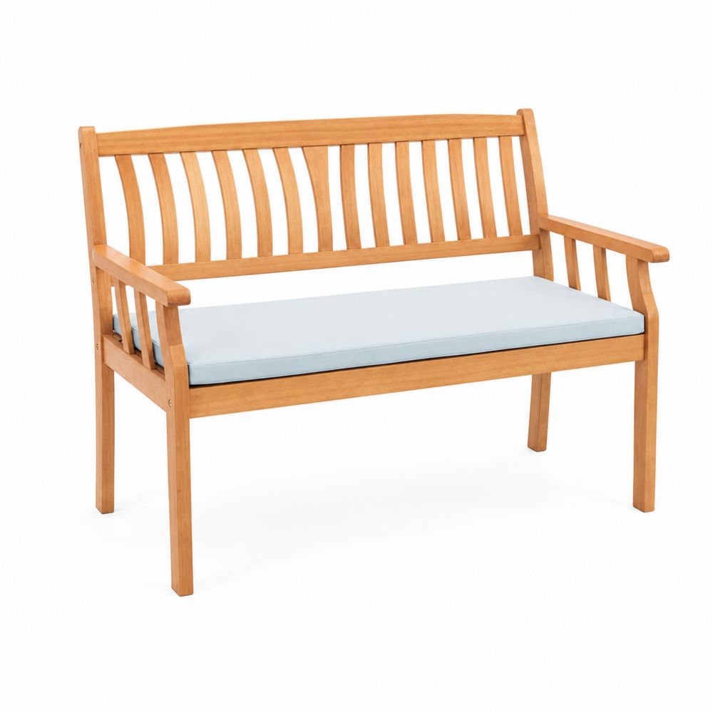 Banco de madera de acacia con cojín azul claro
