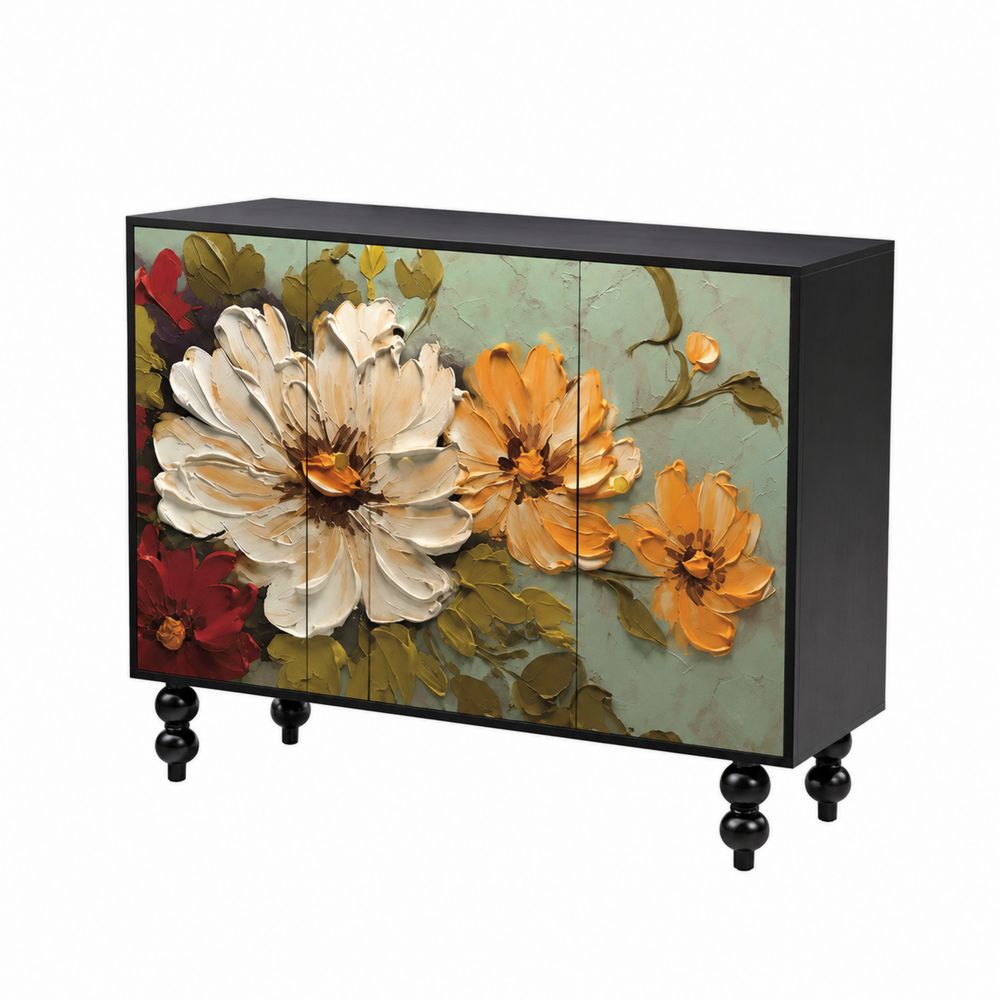 Aparador de Madera con Patas de Metal y Diseño Floral en Relieve