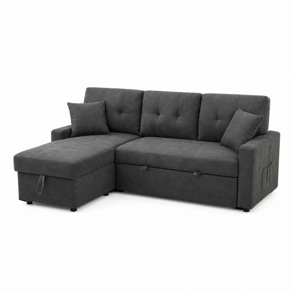 Sofá cama esquinero con chaise longue de tela gris oscuro