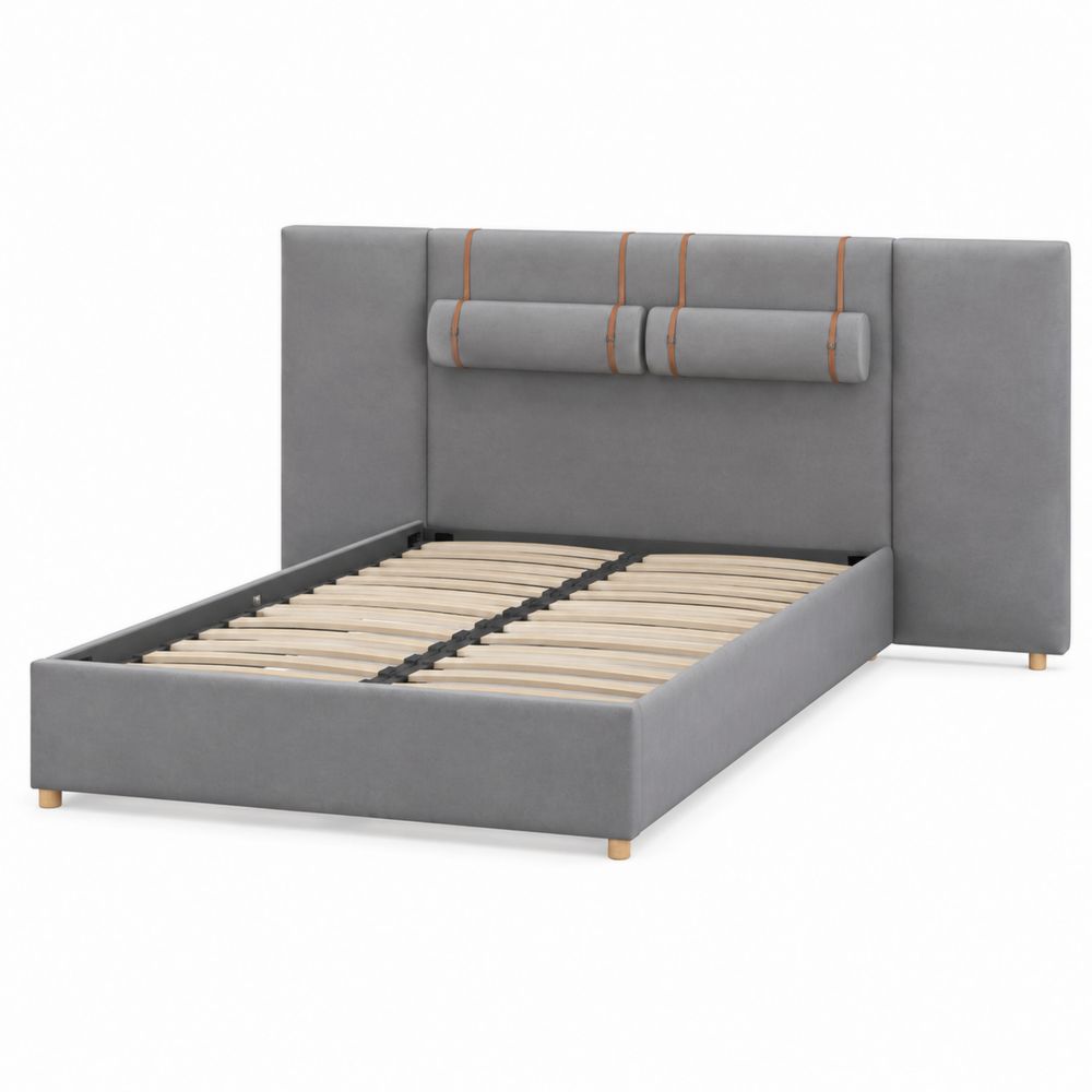Cama tapizada en tela gris 200x160 cm con cabecero acolchado y cojín decorativo