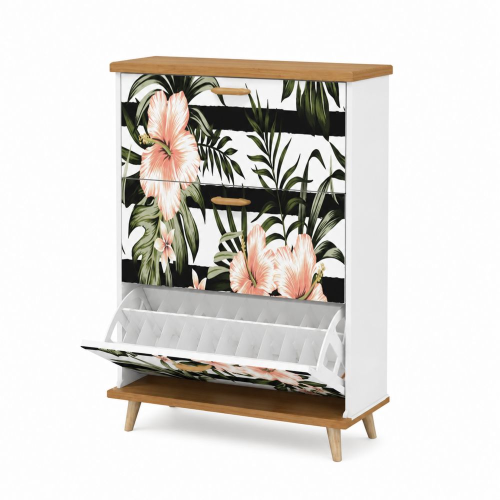 Zapatero de Madera y MDF de 3 Niveles con Diseño Floral Tropical, 105 cm