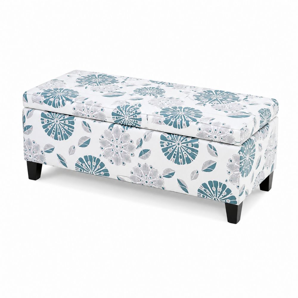 Banco tapizado floral con almacenamiento 120x40x45 cm poliéster Azul/Blanco