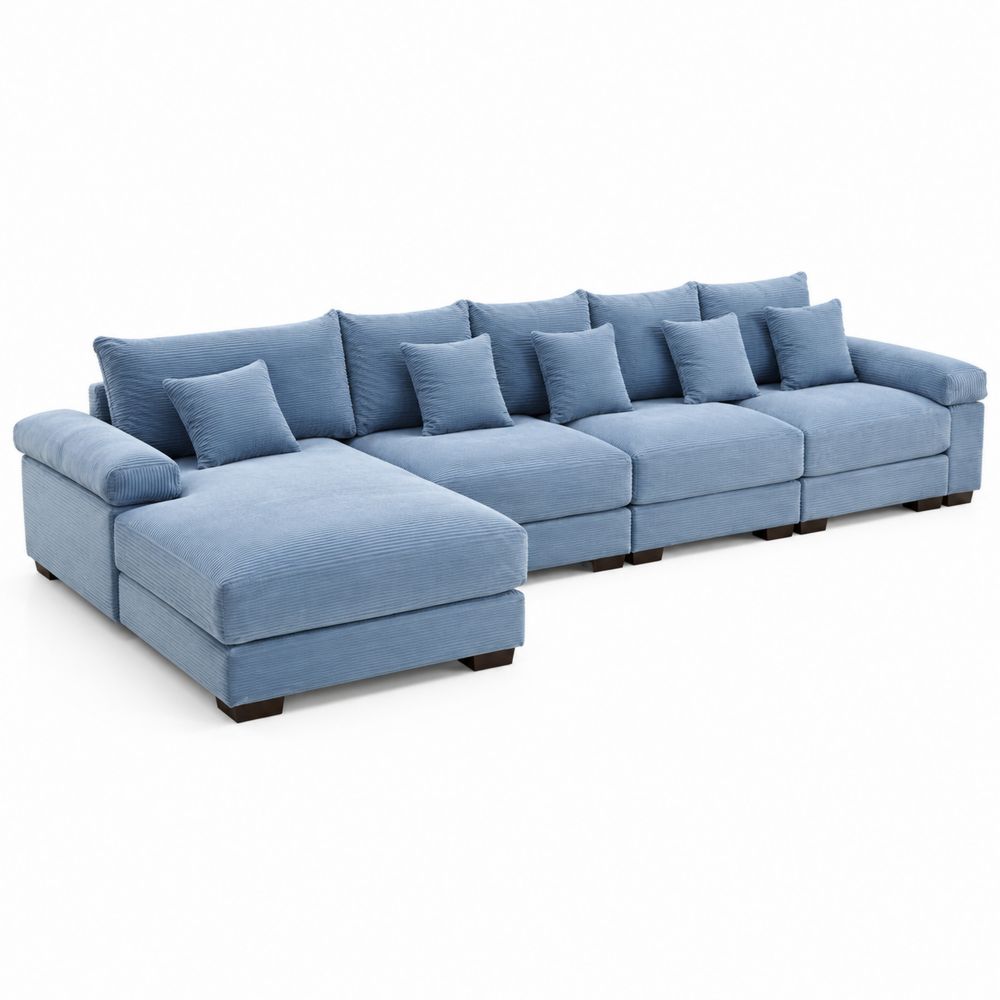 Sofá modular seccional en L de pana azul con chaise longue