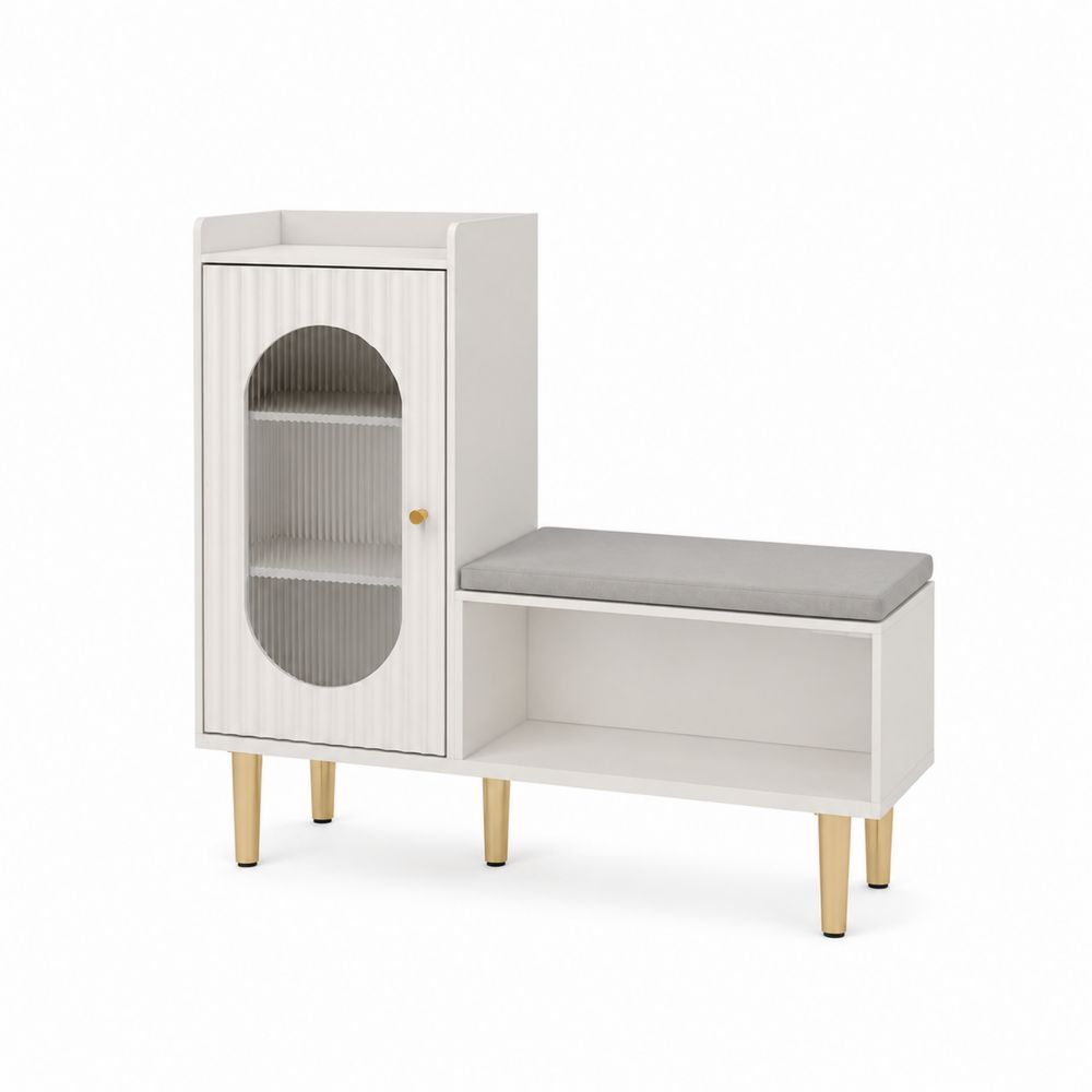 Banco zapatero con gabinete de vidrio MDF Blanco/Gris Claro