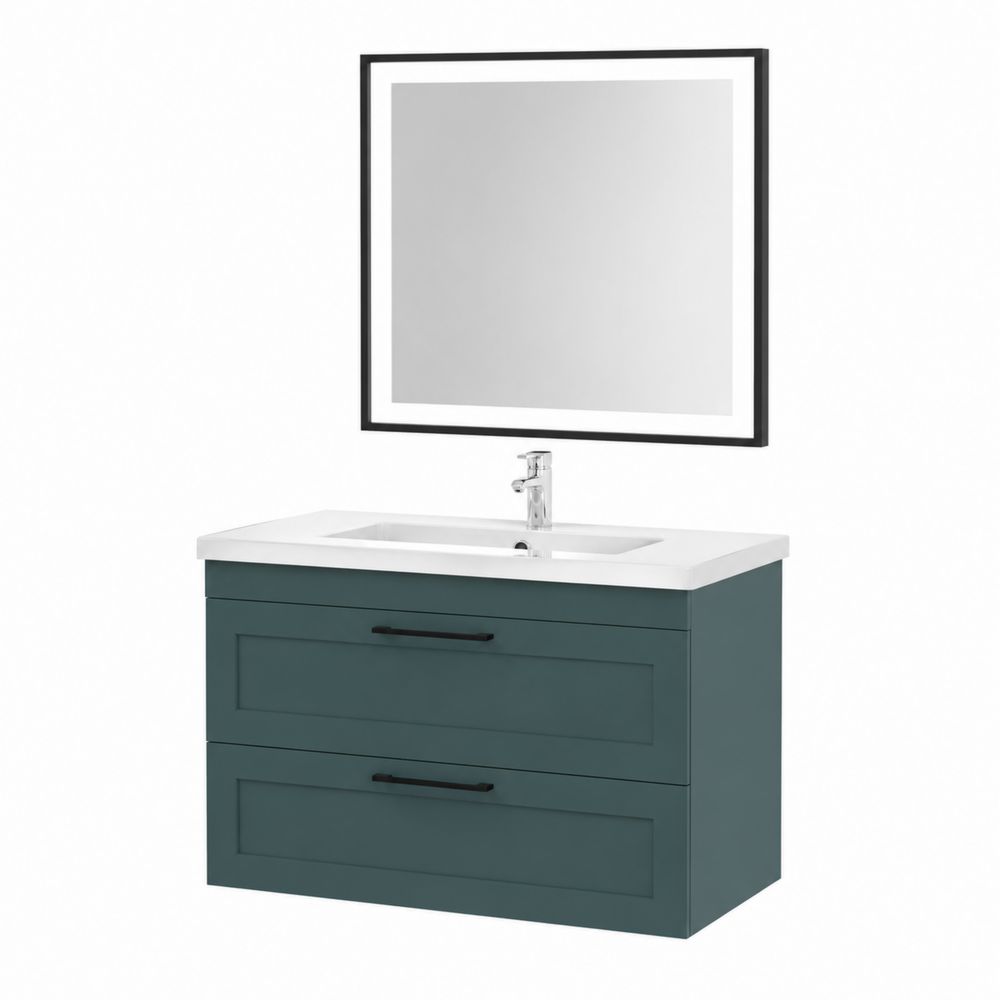 Mueble de lavabo de MDF Verde 80 cm con Espejo y Lavabo Blanco