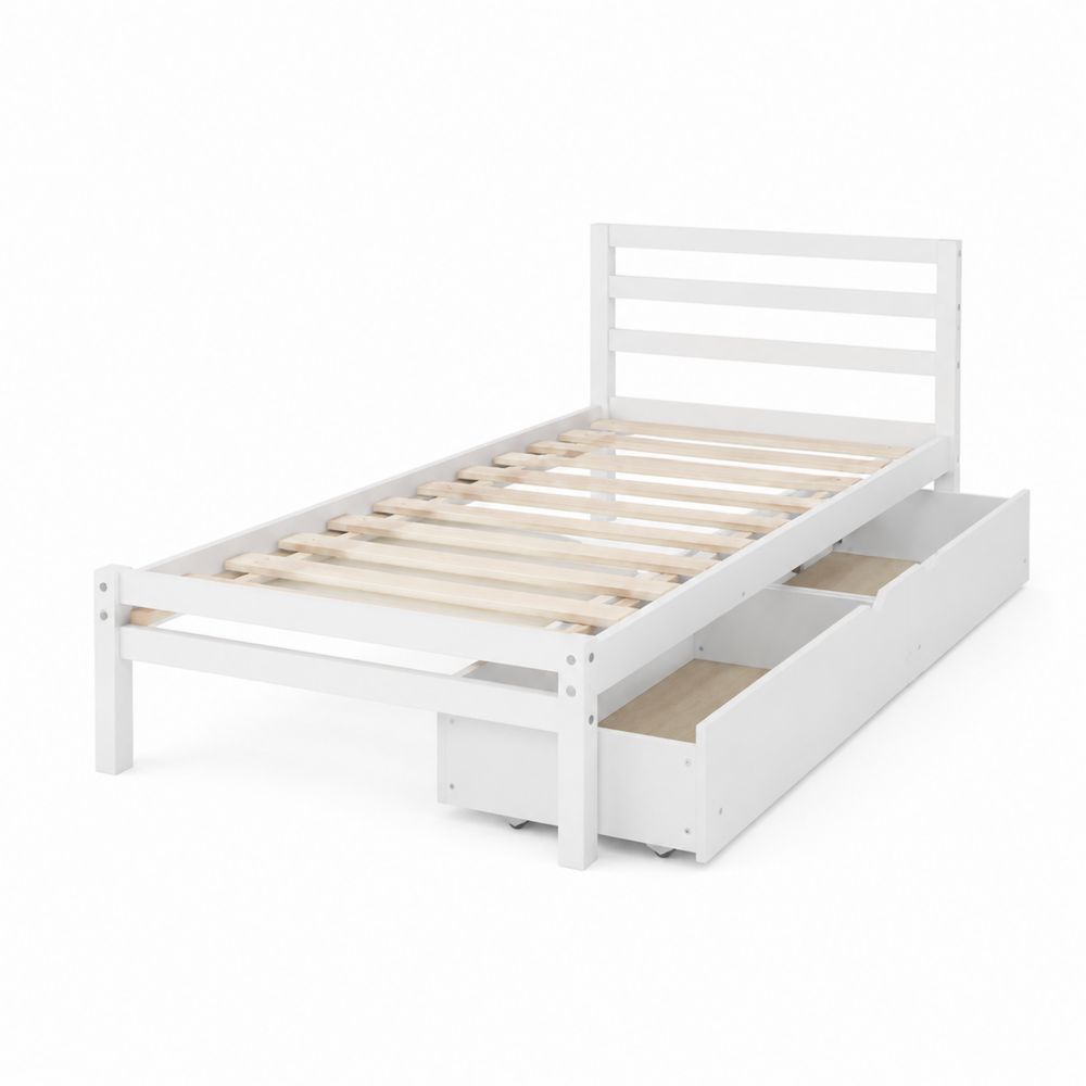 Cama Individual de Madera con Cajones 200x90 cm Blanca