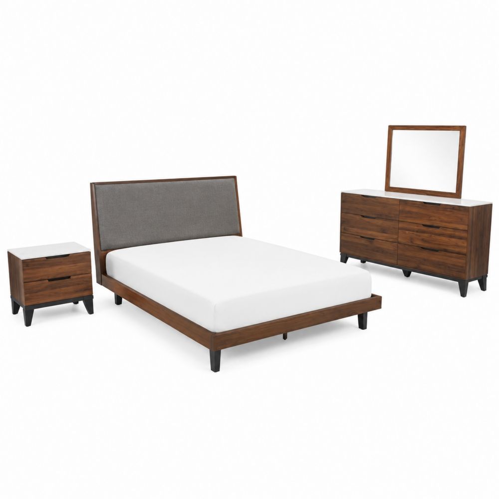 Conjunto de Dormitorio: Cama Doble con Madera de Nogal y Tela de Poliéster