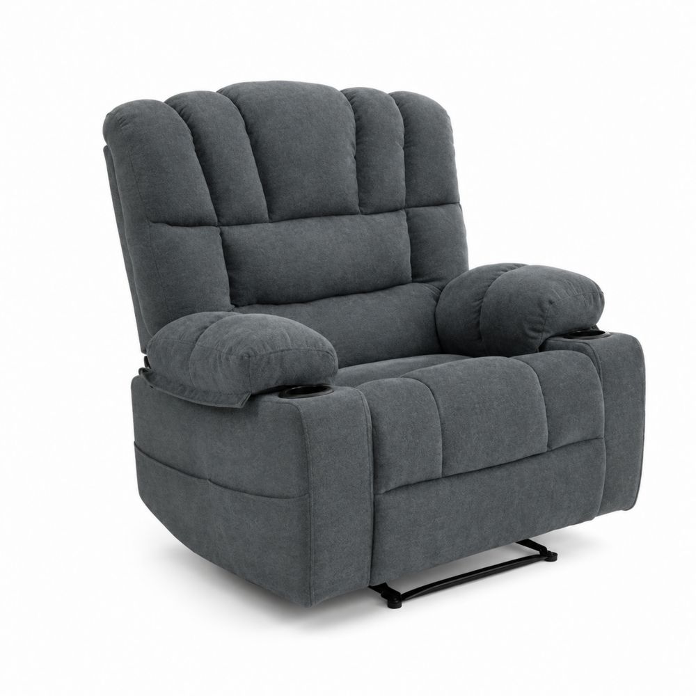 Sillón reclinable de tela gris con estructura metálica