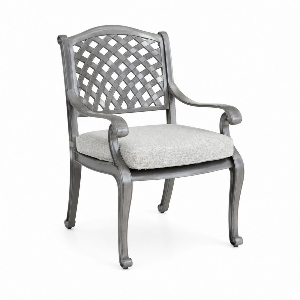 Sillón de jardín de aluminio con respaldo enrejado y cojín gris