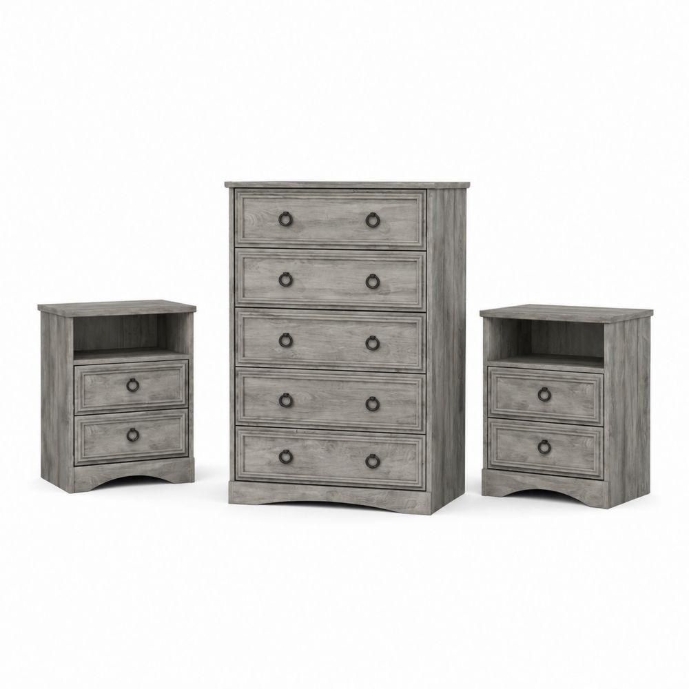 Juego de Dormitorio 3 Piezas con Cajonera de Madera Laminada Gris