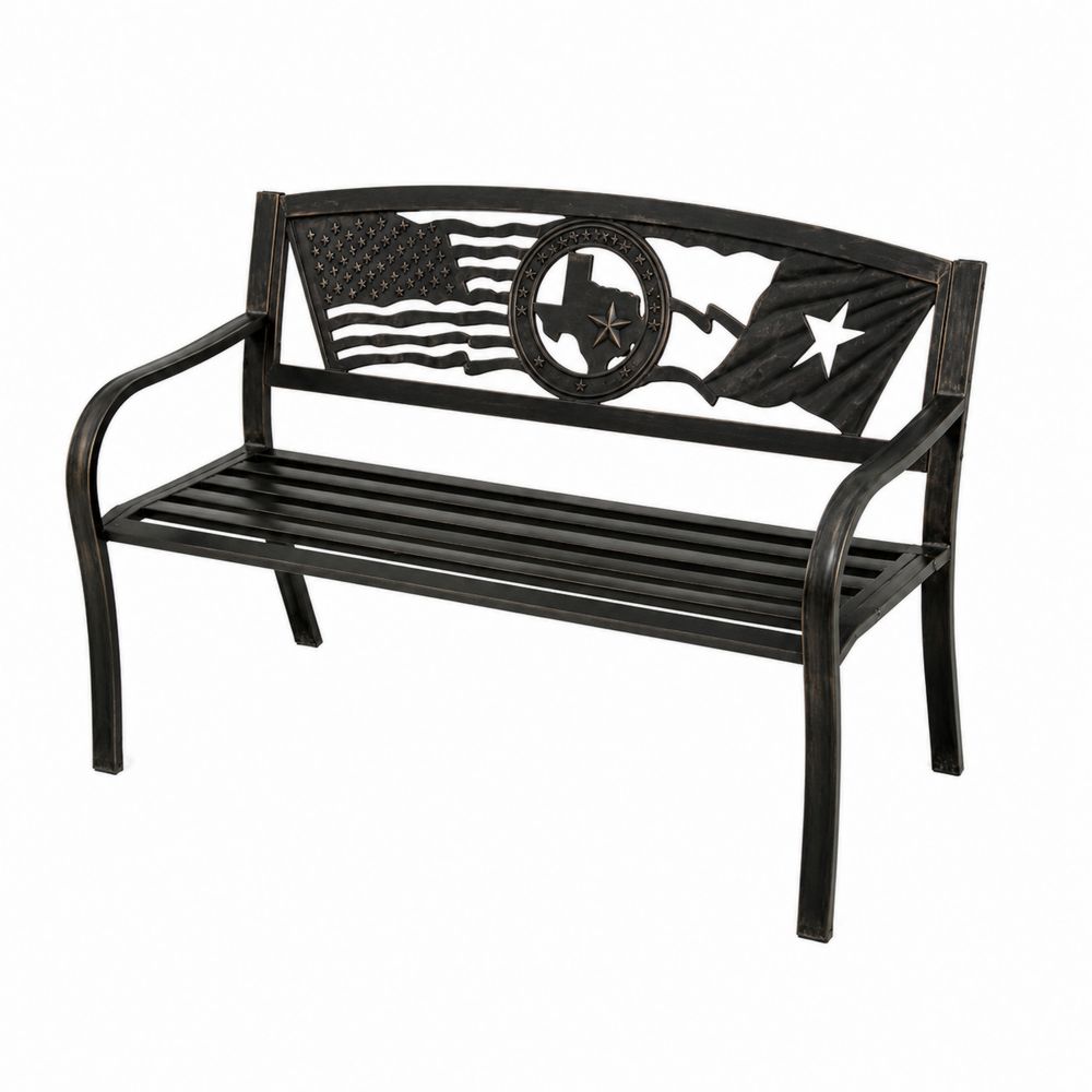 Banco de metal negro con diseño de bandera de Texas