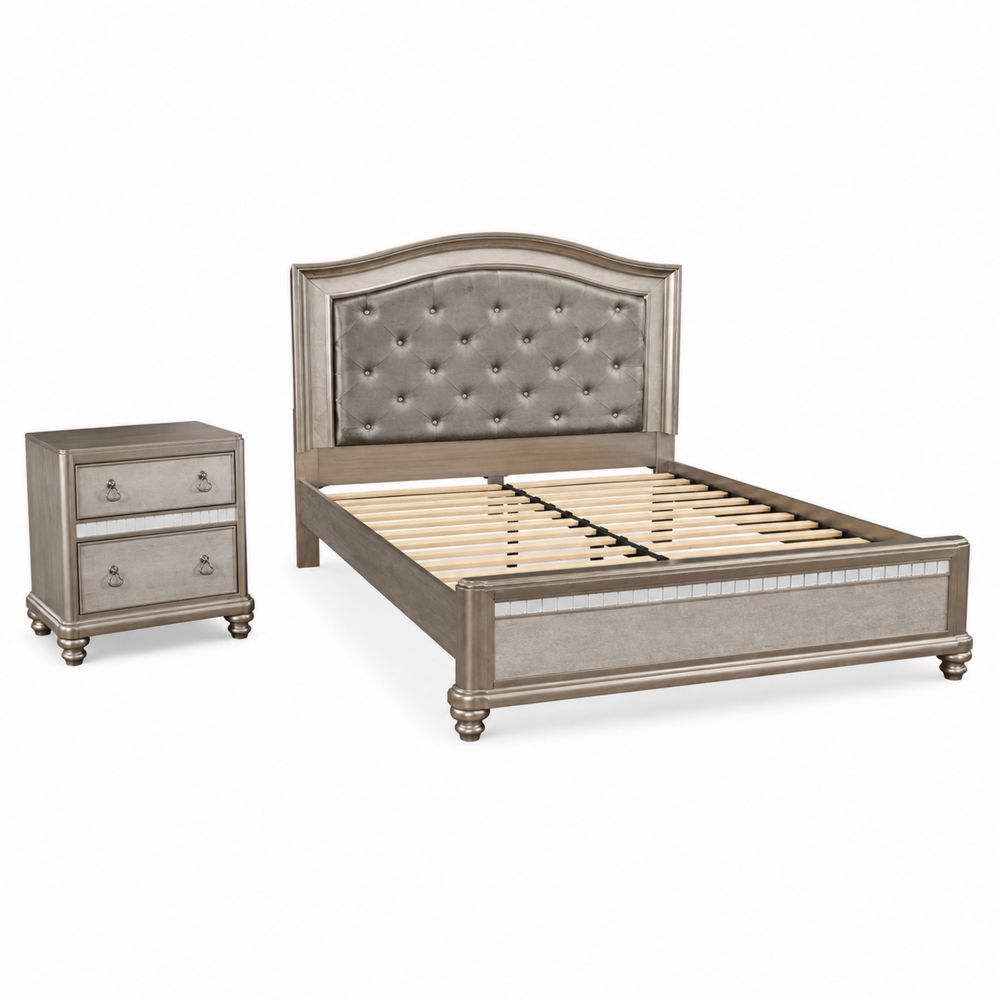 Cama Tapizada de Tela y Madera con Cabecero y Mesita de Noche Gris