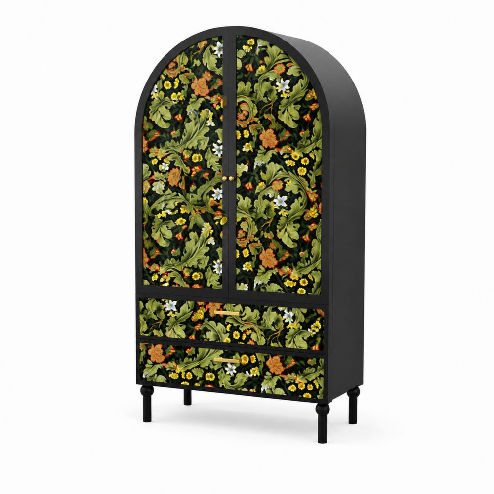 Armario de Madera con Diseño Floral y Puertas Curvas, 190x80x40 cm, Negro Multicolor