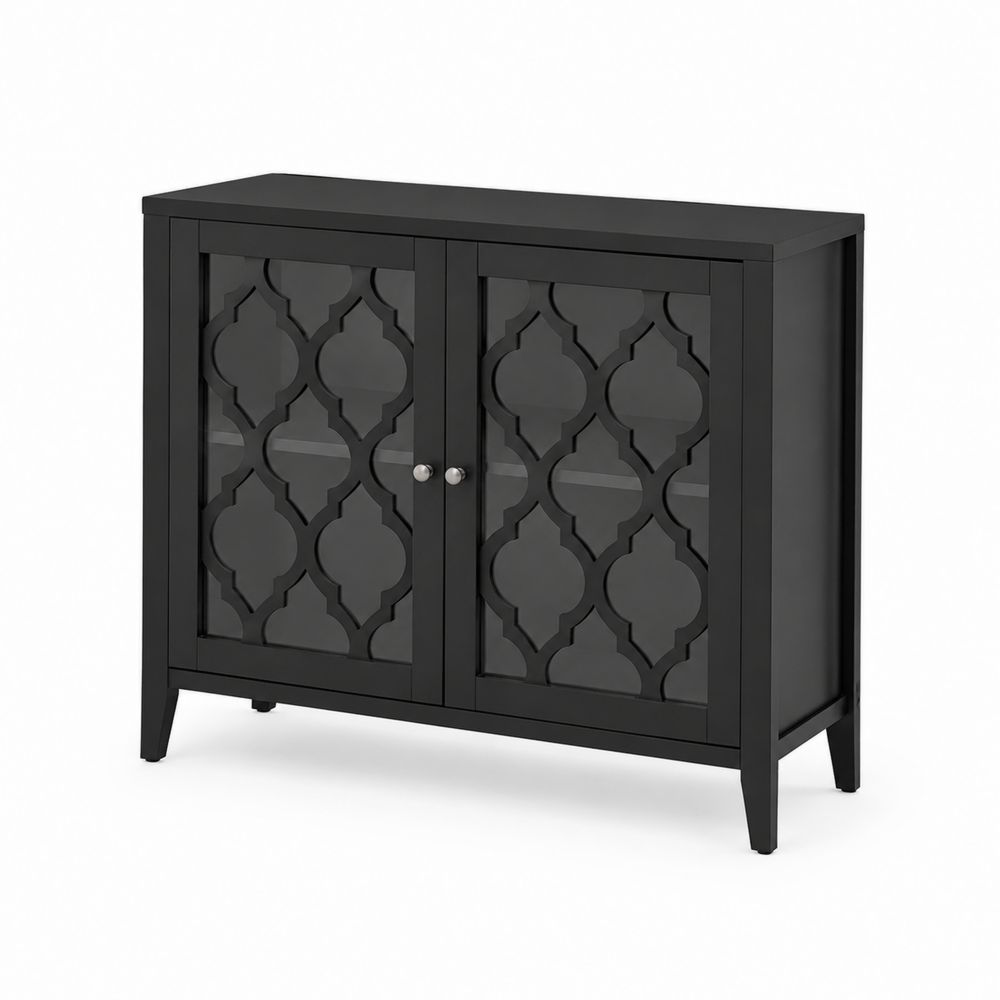 Aparador de madera con puertas de vidrio templado negro