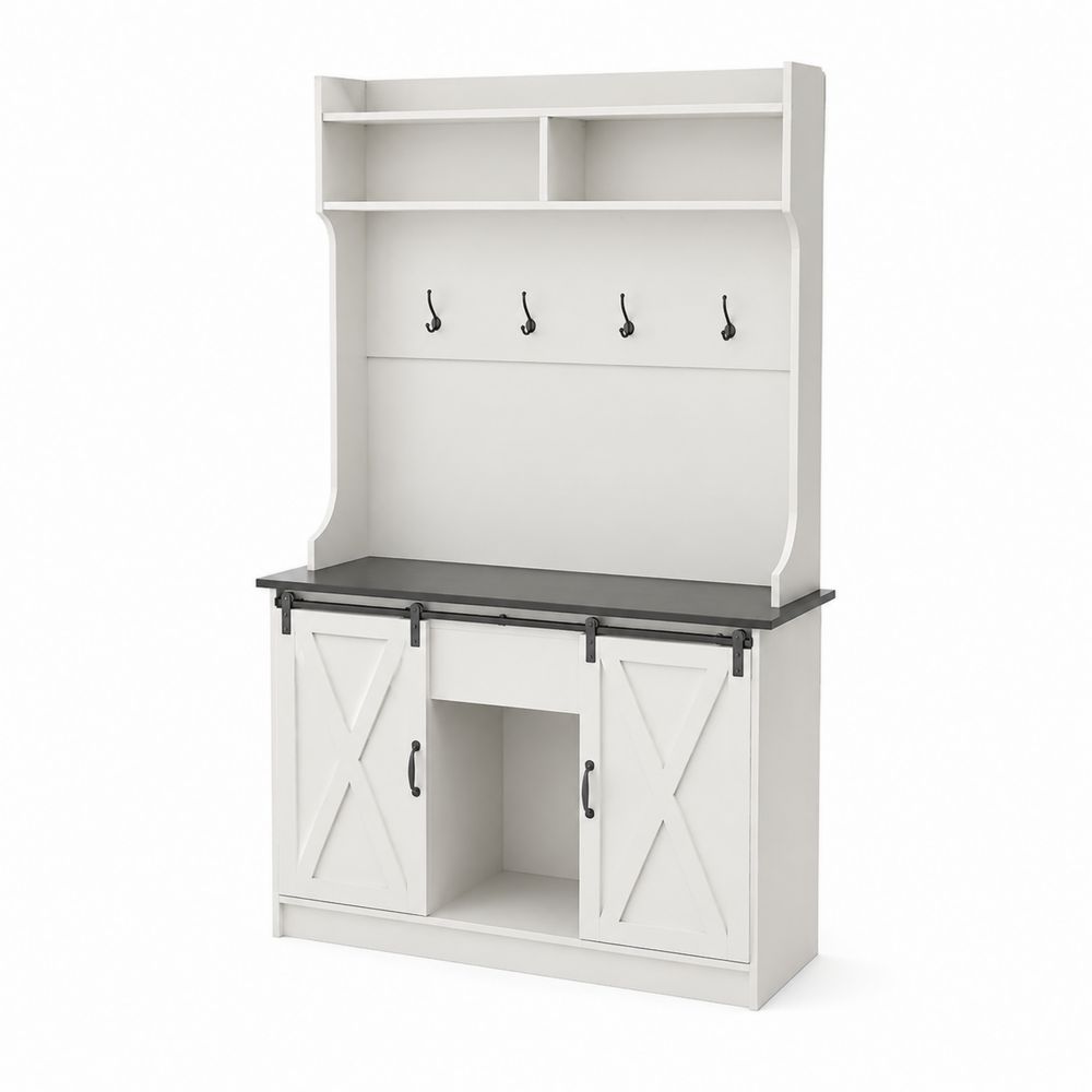 Perchero de madera con estantes y gabinetes en Blanco y Negro 180x120x40 cm