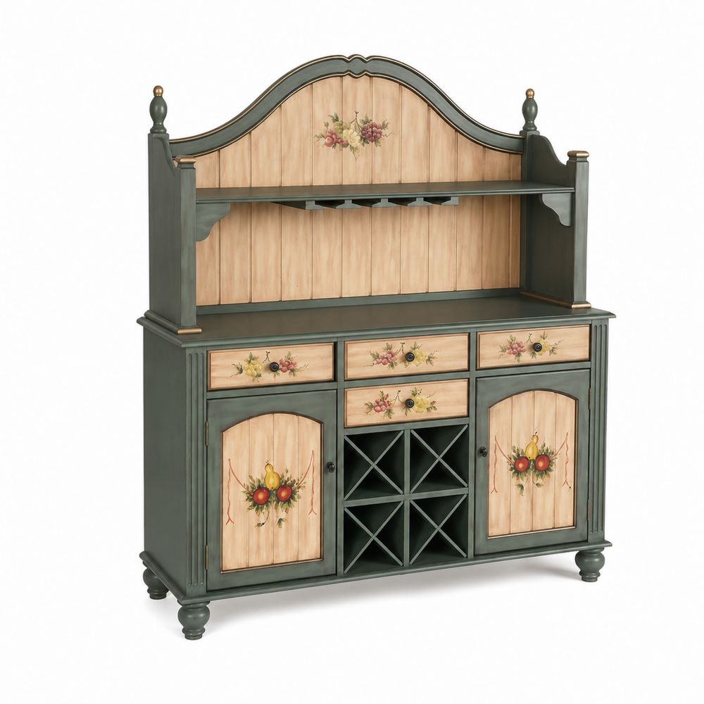Aparador de Madera de Abeto Pintada con Compartimento para Vino y Motivos Florales