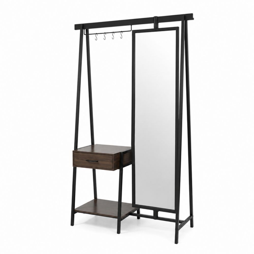 Perchero de Metal y Madera con Espejo y Cajón Negro 190x100x40 cm