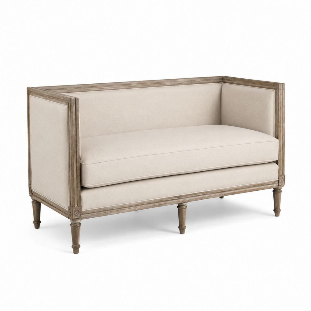 Sofá de lino y madera de roble beige 140x70x80cm