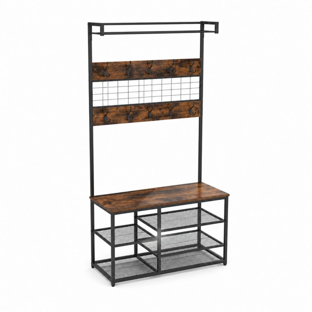 Perchero de Metal y Madera con Banco y Estantes 185x100x39 cm Marrón/Negro