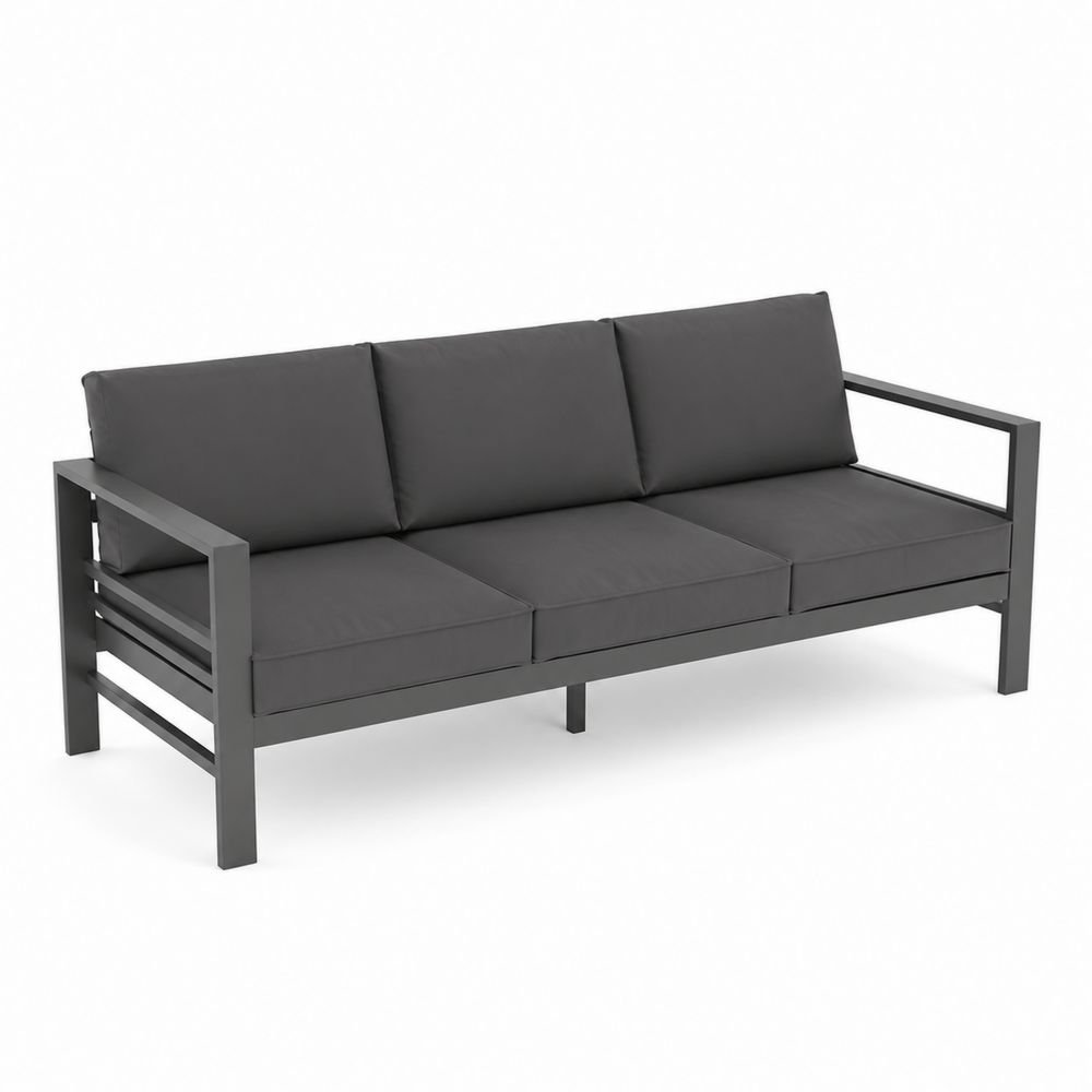 Sofá de exterior con estructura de aluminio y cojines grises
