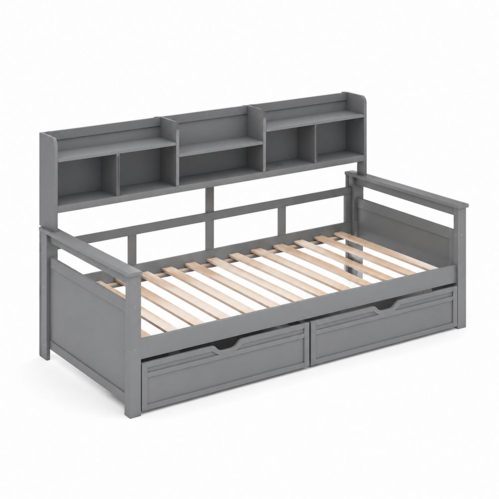 Cama de Madera con Almacenamiento y Estantería Gris