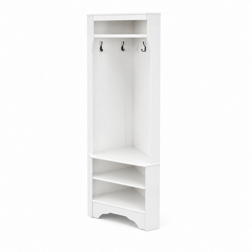 Perchero de Esquina de Madera con Estantes y Ganchos Blanco