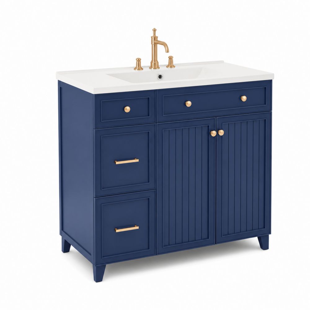 Meuble sous lavabo en bois bleu avec plan de travail en pierre artificielle