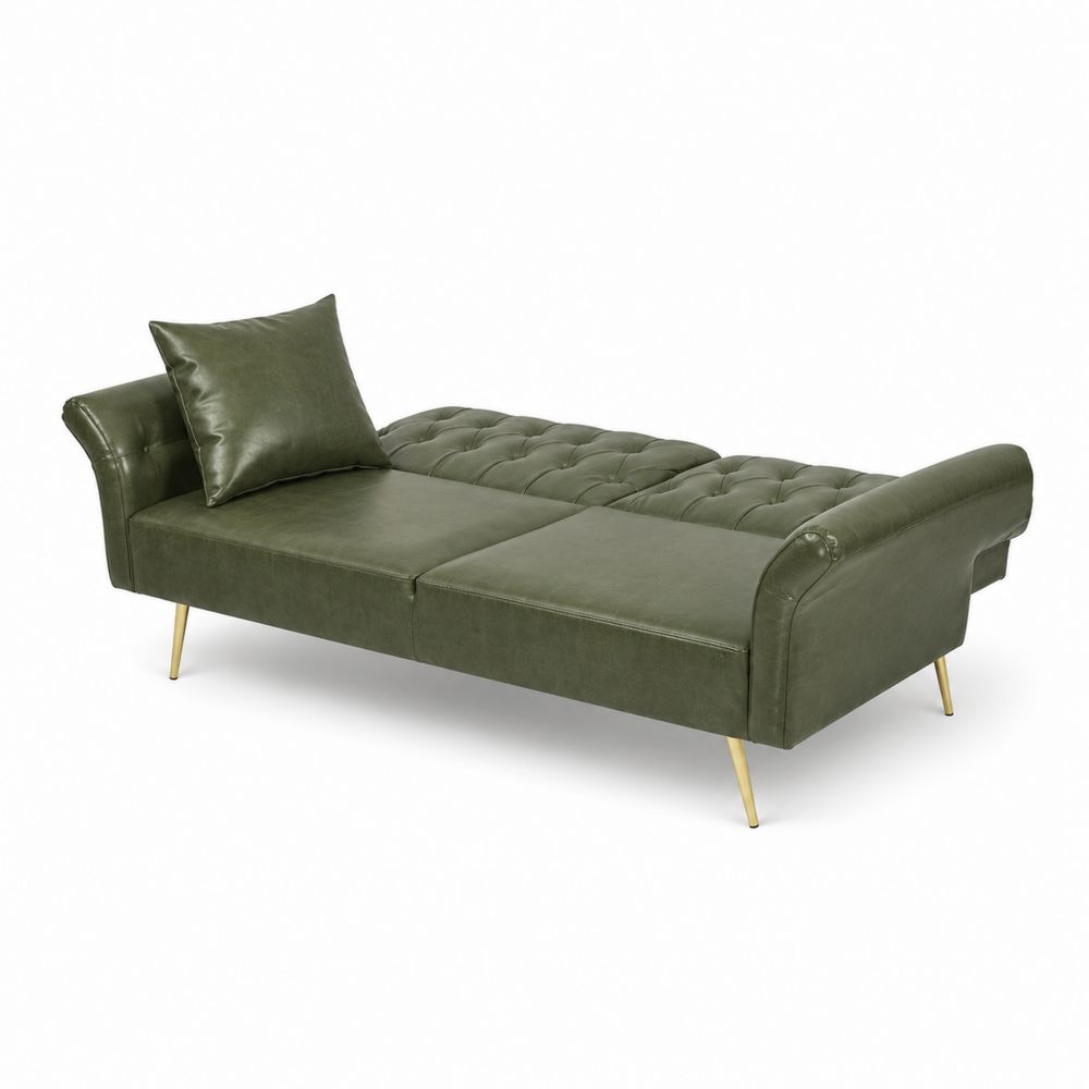 Canapé convertible en cuir synthétique vert avec pieds en métal
