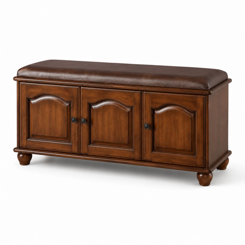 Banc de rangement en bois avec coussin en cuir synthétique Marron