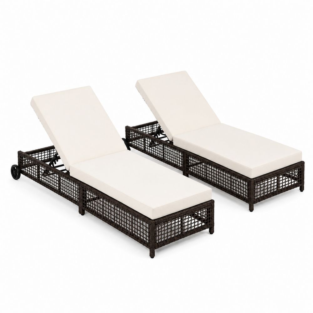 Lot de 2 chaises longues en rotin avec coussins crème