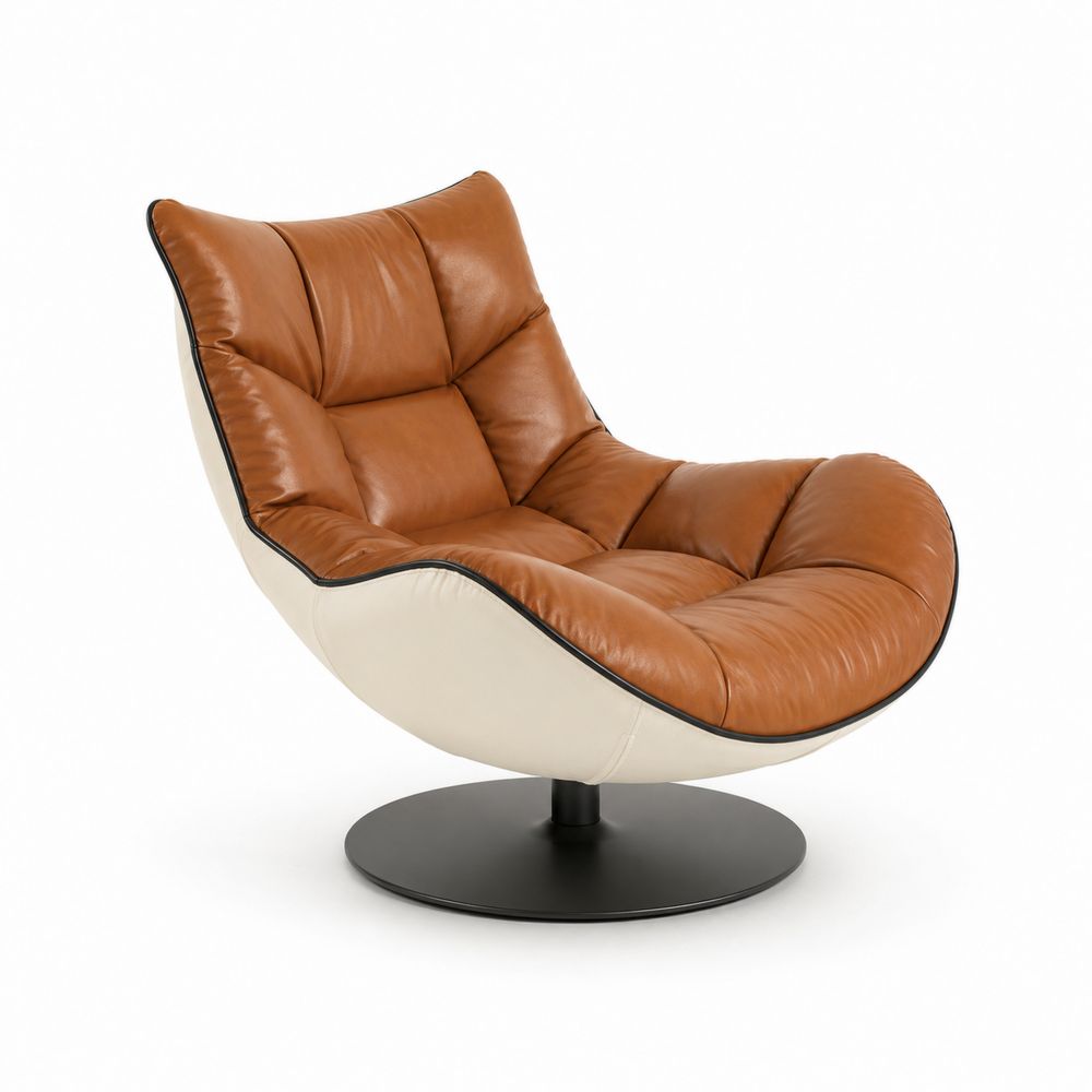 Fauteuil pivotant en cuir marron et beige