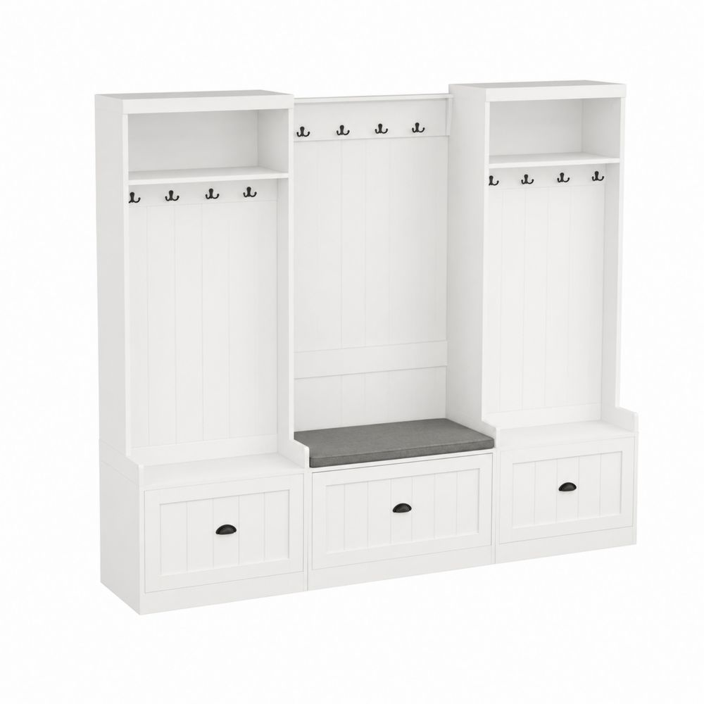 Meuble d'entrée en bois avec porte-manteau et banc blanc