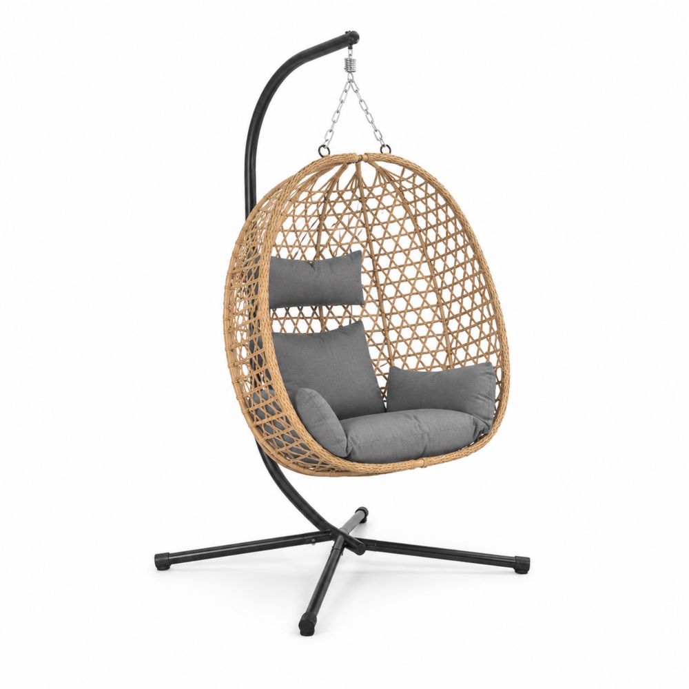 Fauteuil suspendu en rotin avec coussins gris et support en métal