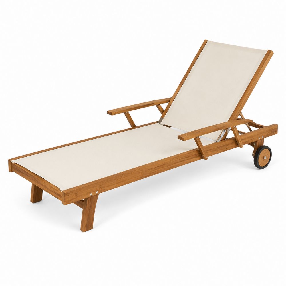 Chaise longue en bois d'acacia avec tissu polyester beige