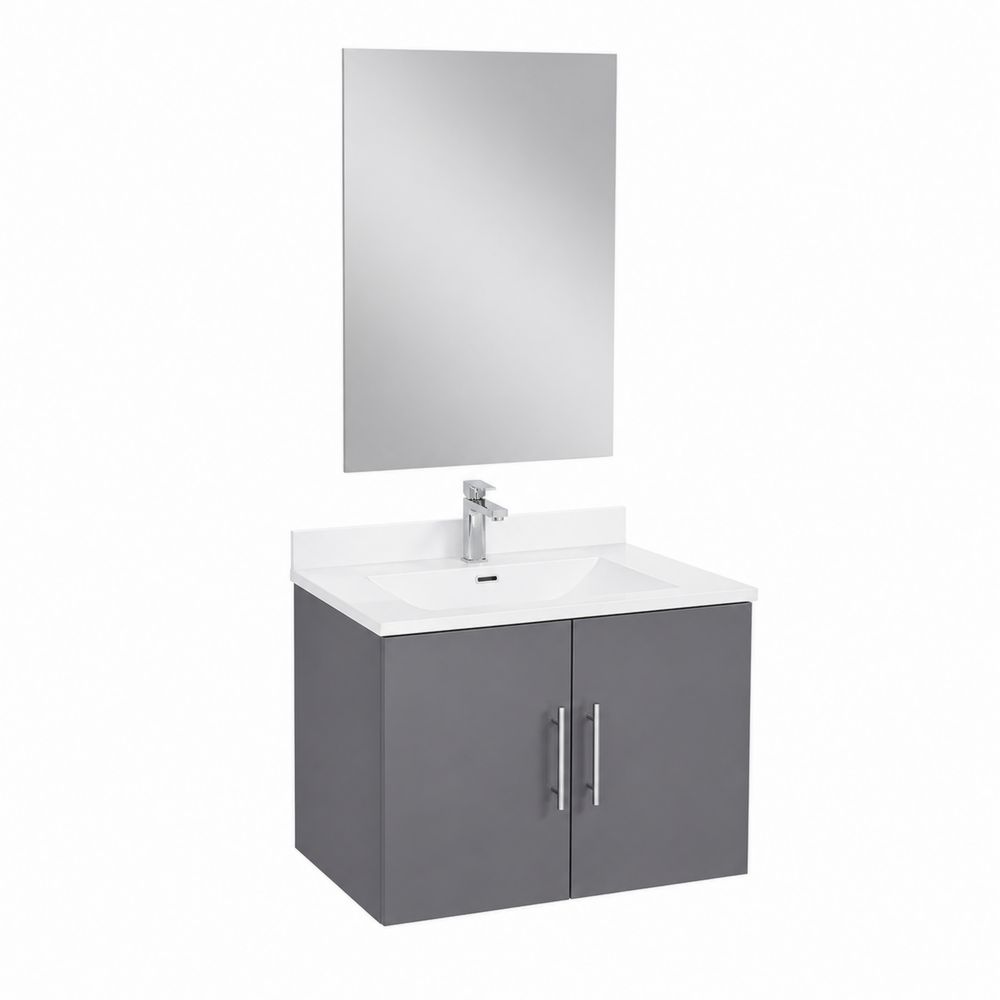 Meuble de salle de bain mural gris avec miroir - 60x45x55 cm