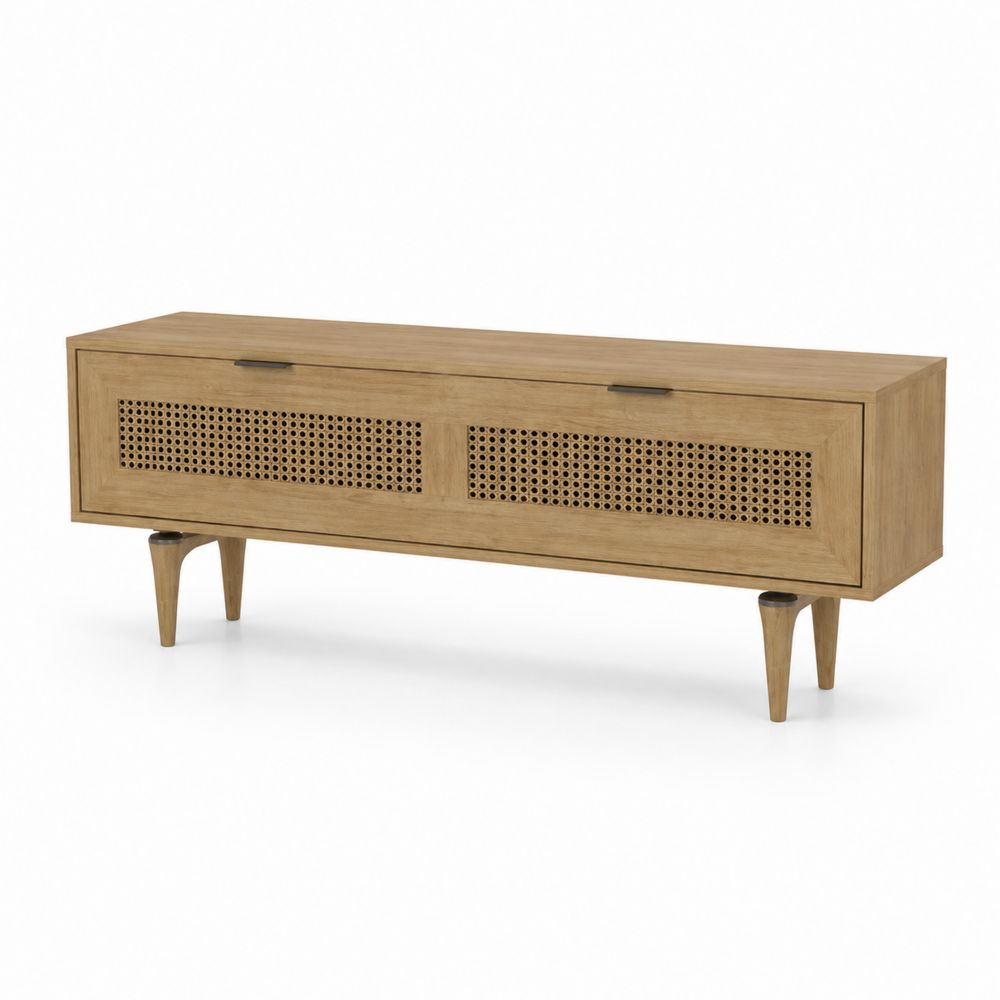 Meuble TV en bois de chêne et rotin 150 cm