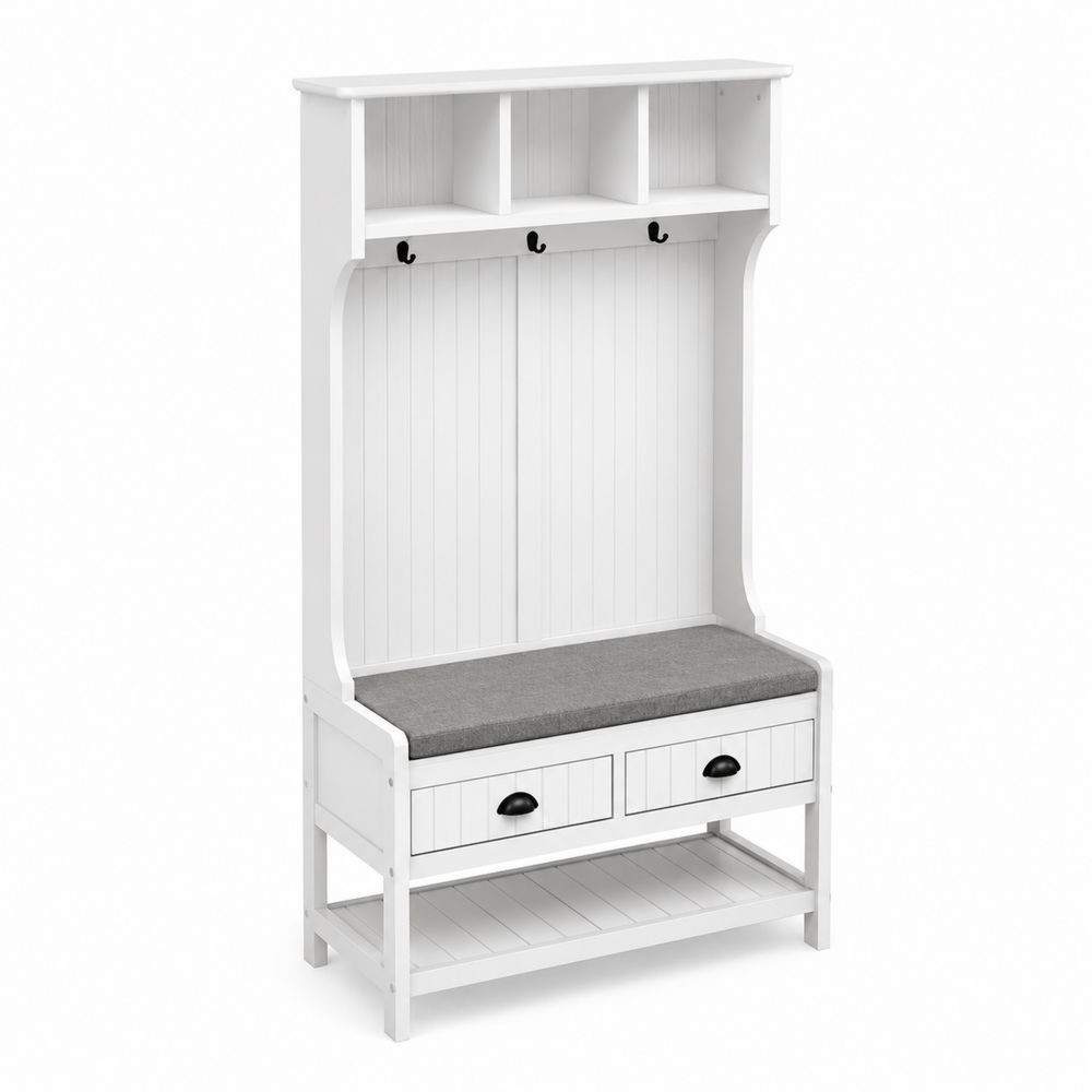 Meuble d'entrée en bois avec banc et patères Blanc et Gris