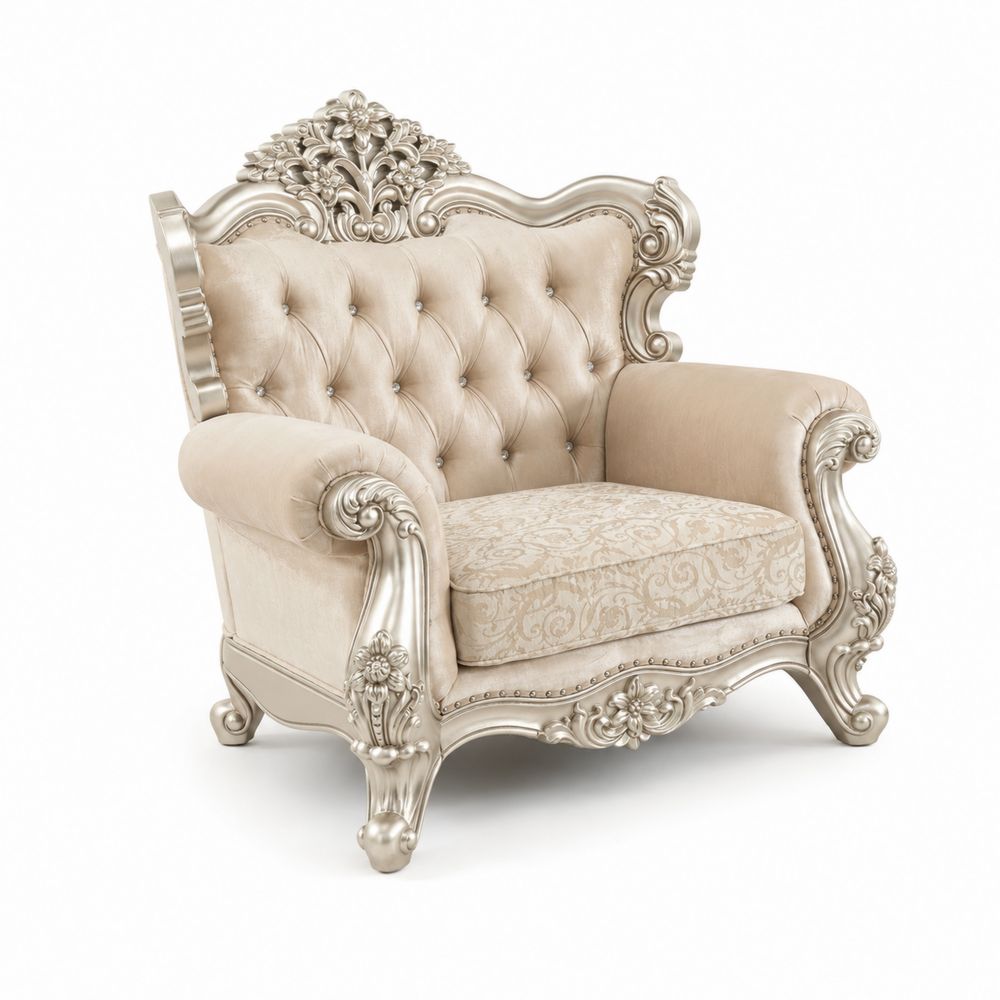 Fauteuil Baroque en Velours Beige et Bois