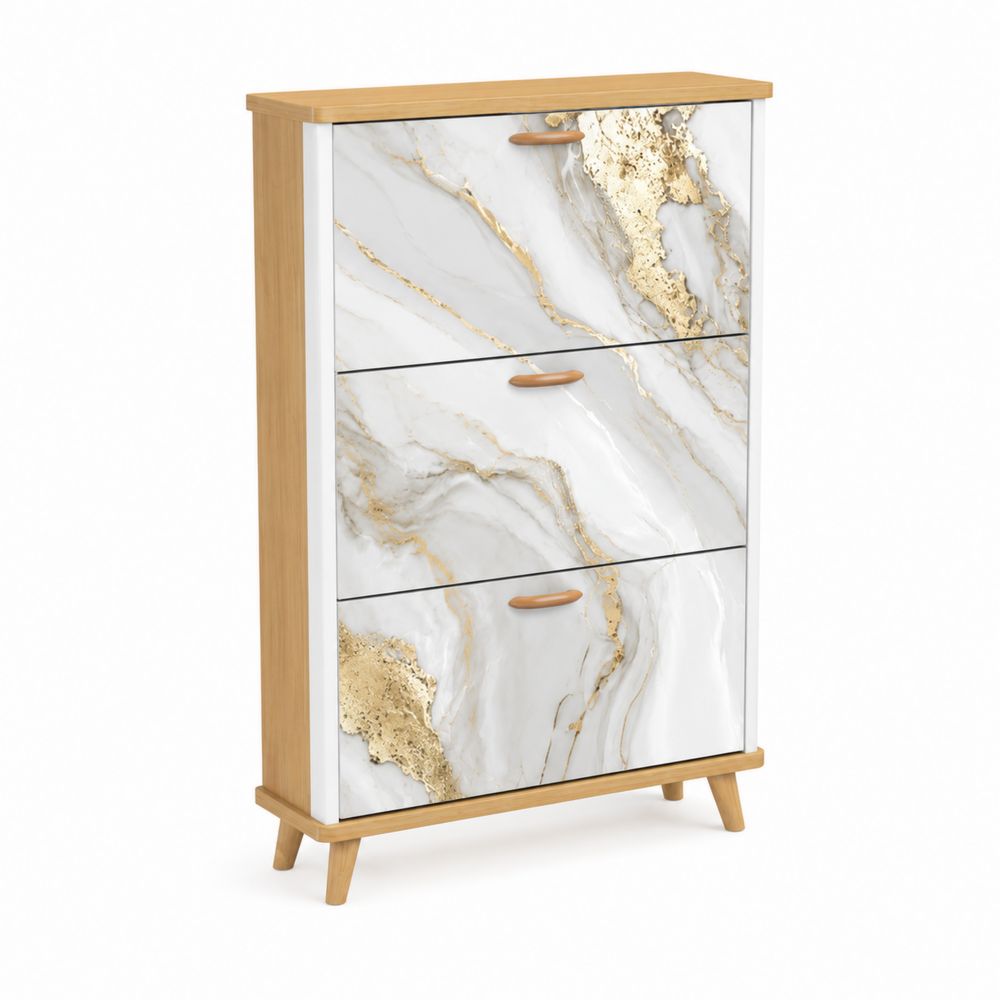 Armoire à chaussures 3 abattants MDF effet marbre doré