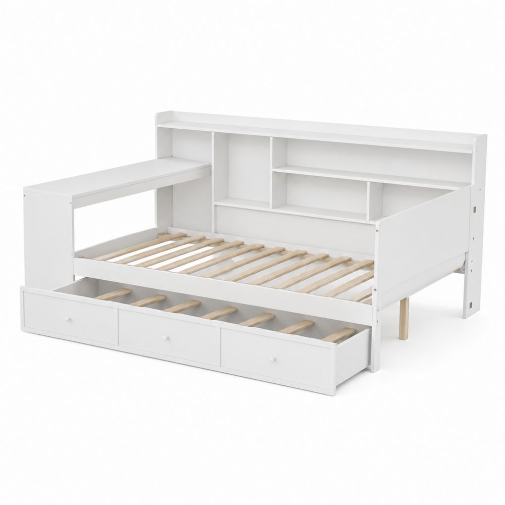 Lit de repos en bois avec étagères et tiroirs Blanc