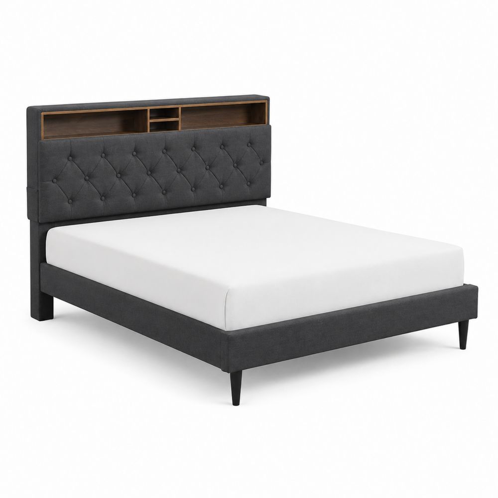 Lit double en bois et tissu avec tête de lit capitonnée et étagères 140x190 cm