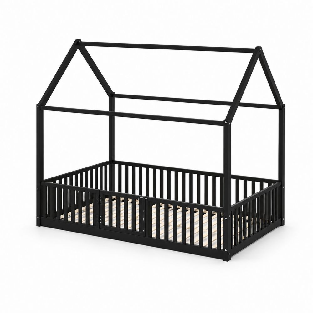 Lit enfant maison en métal noir 200x90 cm