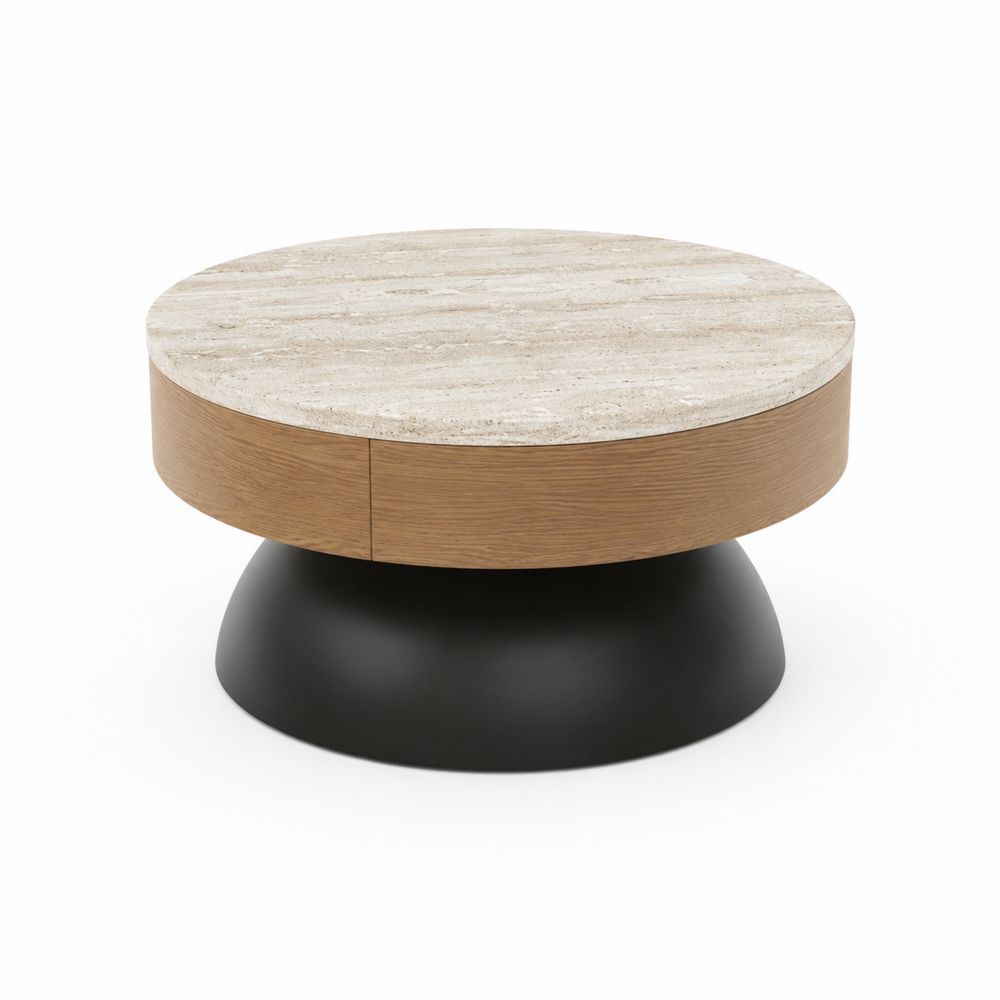 Mesa de centro redonda de travertino, madera y metal negro, 90 cm