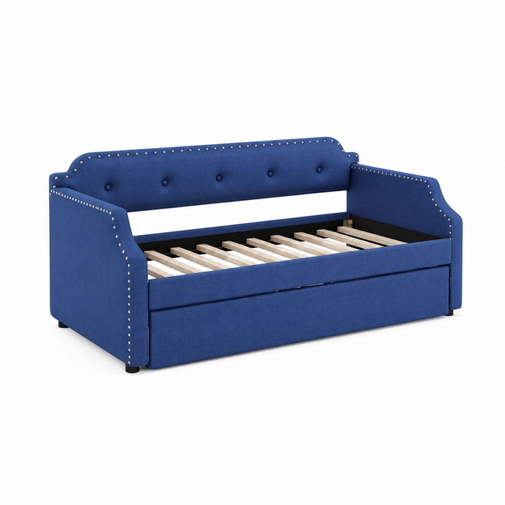 Diván cama de madera y metal recubierto de tela azul