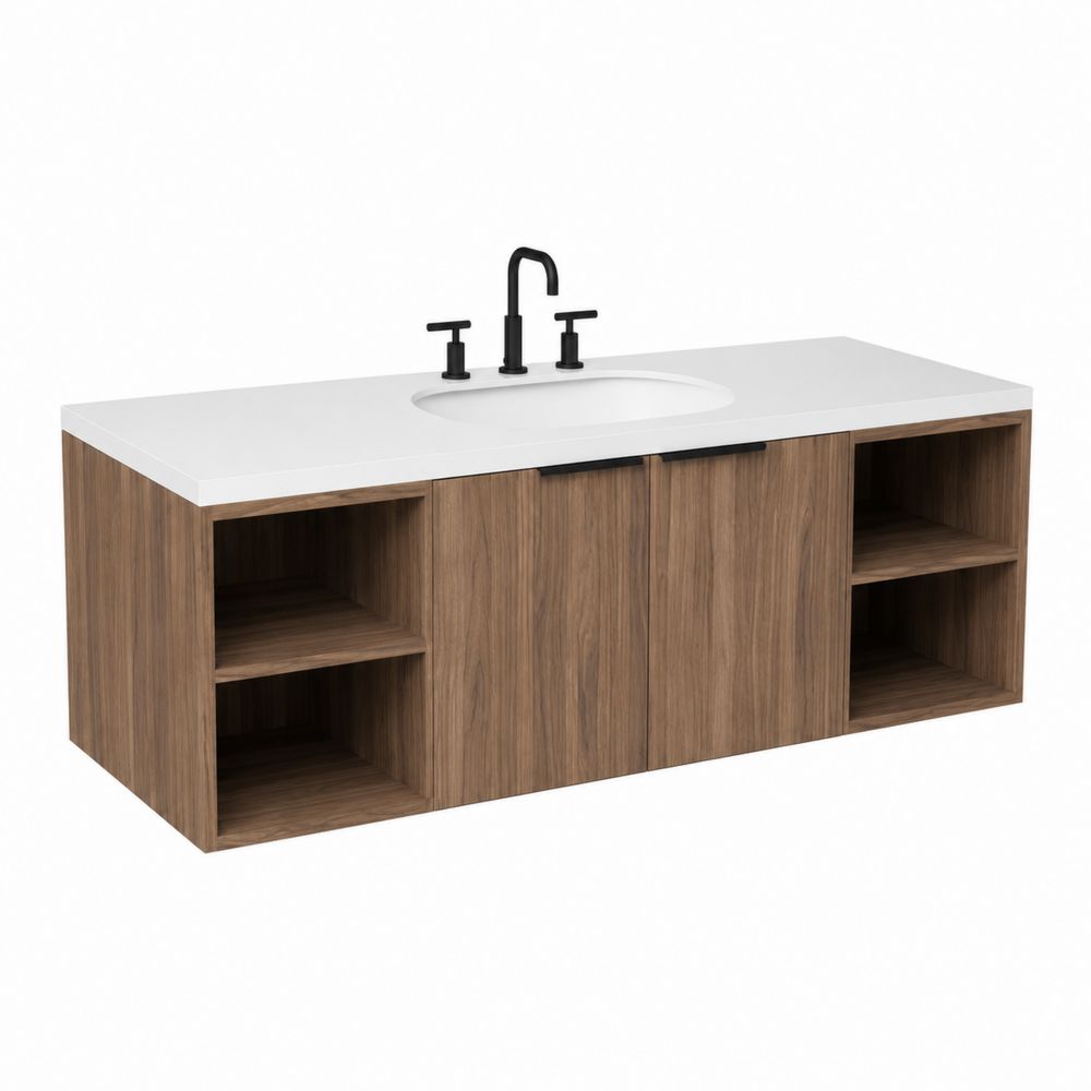 Mueble de lavabo de madera con encimera blanca y estantes abiertos 120x45x60 cm
