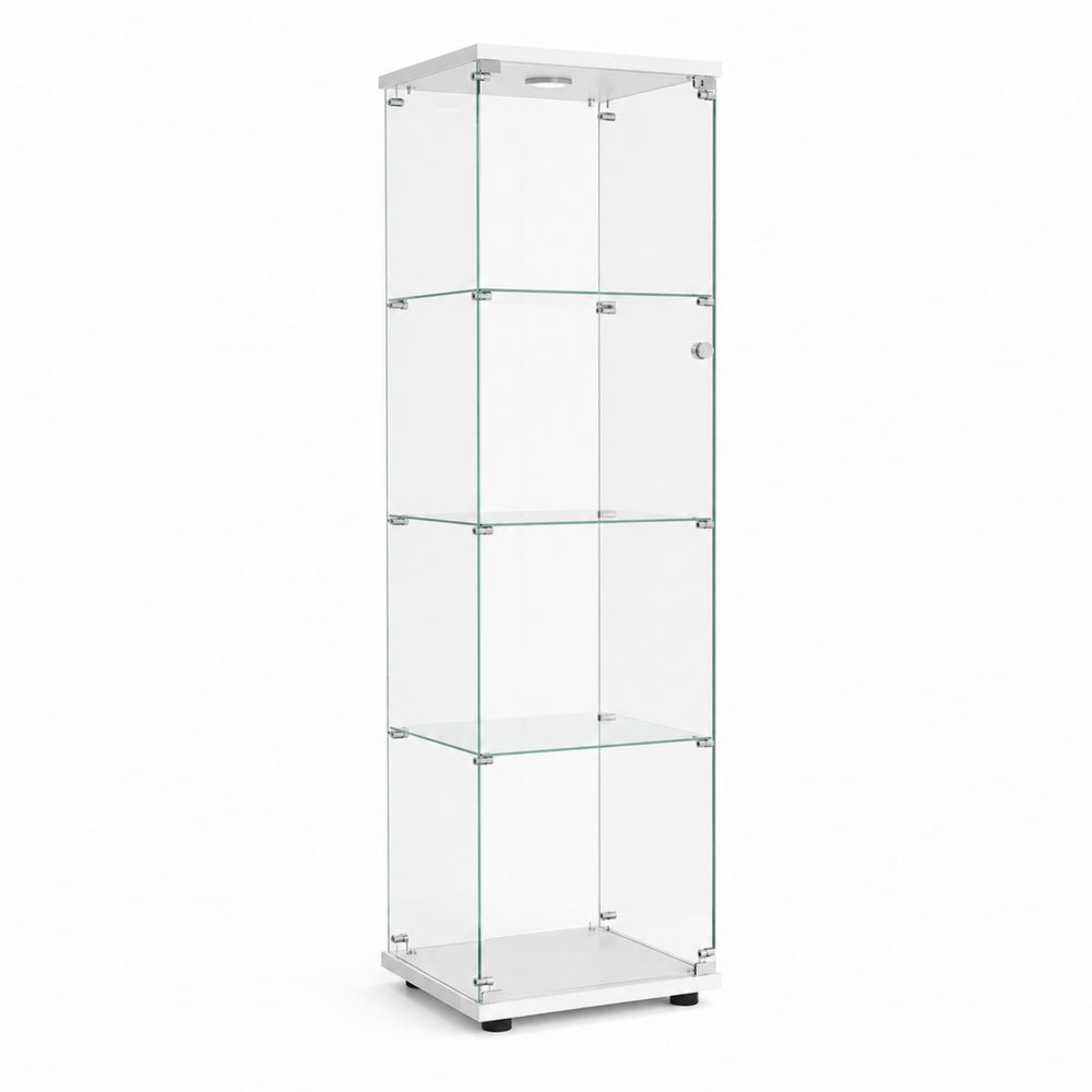 Vitrina de Vidrio Templado Transparente con Base de Metal Blanco