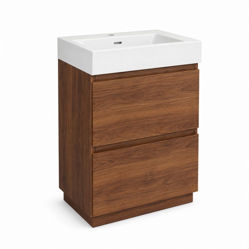 Mueble de baño de MDF Nogal con Lavabo de Cerámica Blanca de 60 cm