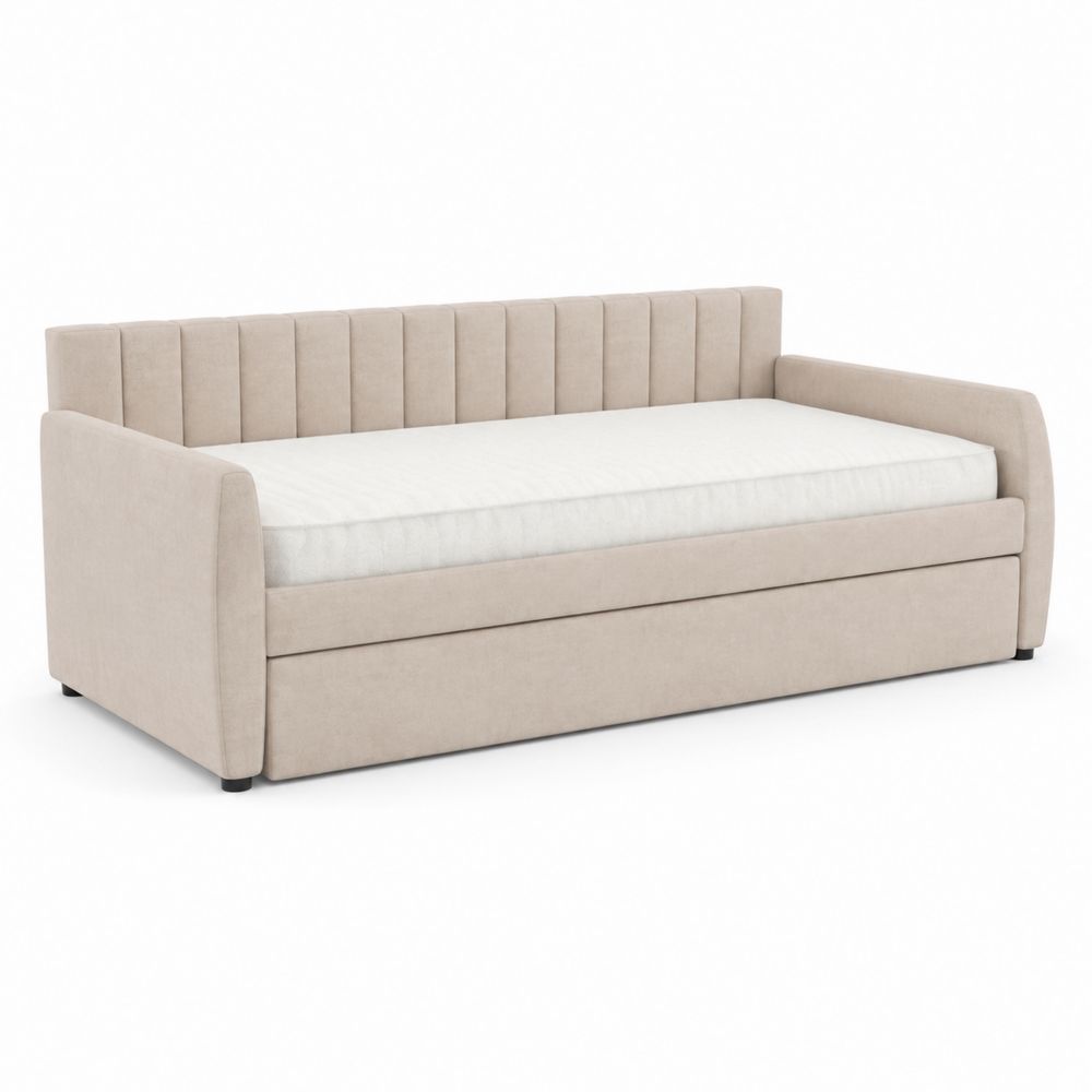 Sofá cama de poliéster beige con espacio de almacenamiento 200x90x85 cm
