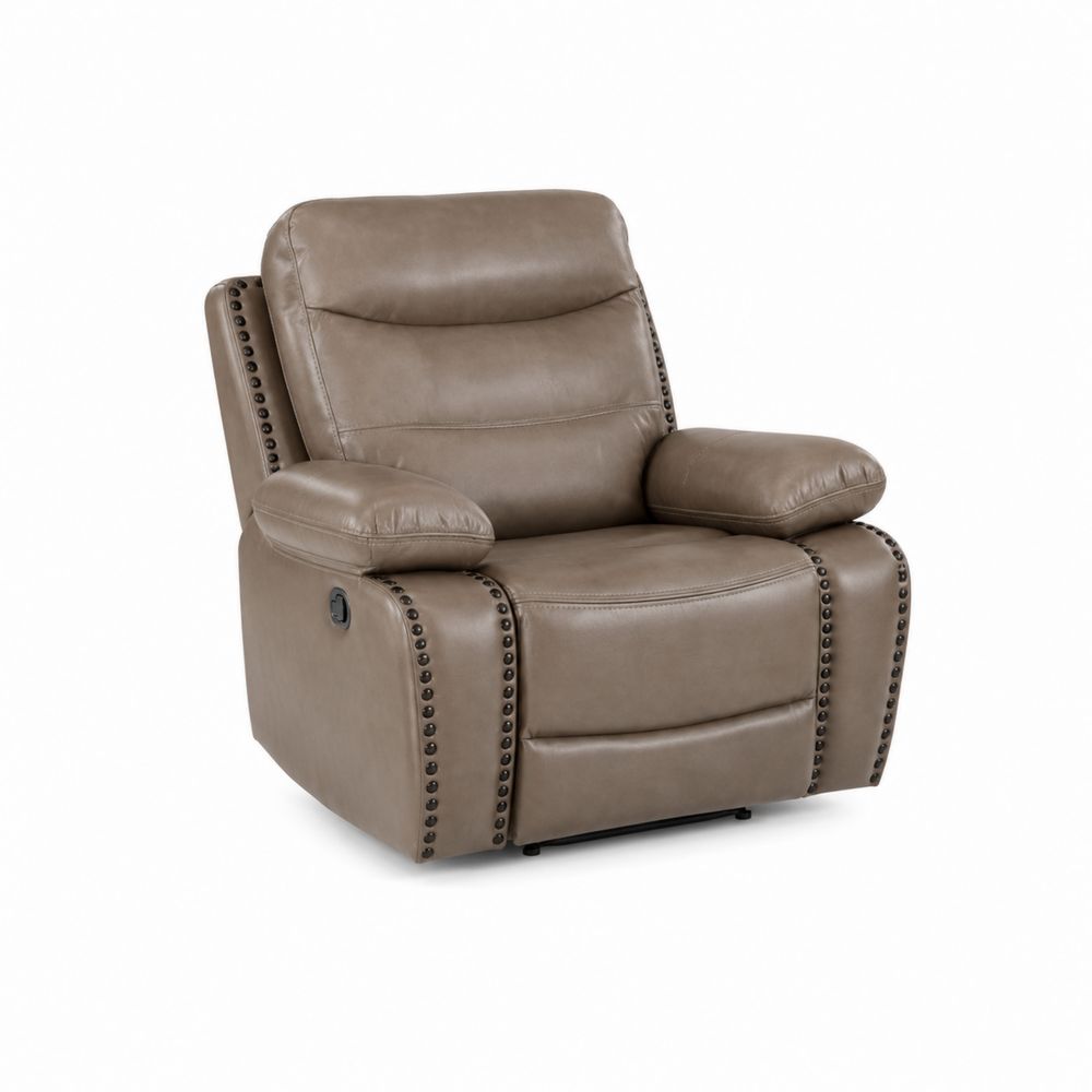 Sillón reclinable de cuero sintético marrón con estructura de madera y metal