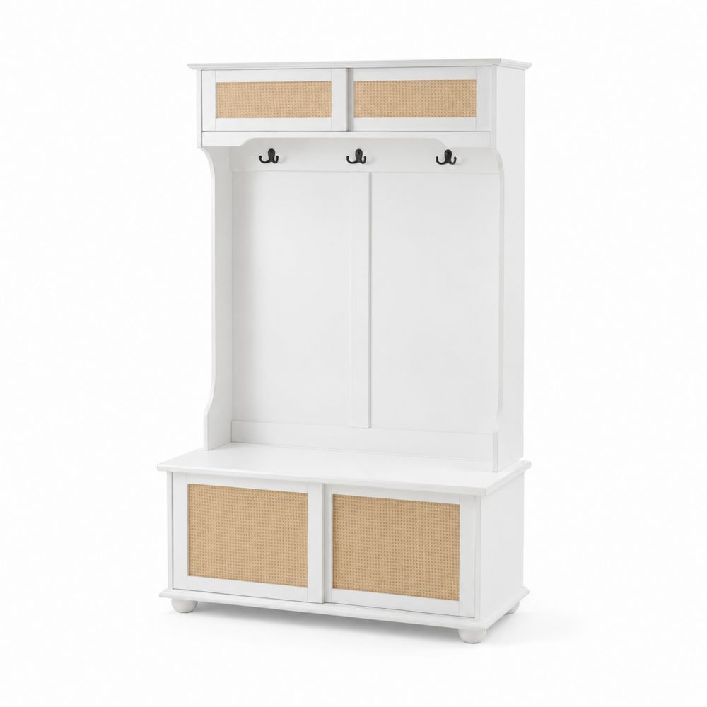 Perchero de madera y ratán blanco 180x100x40 cm